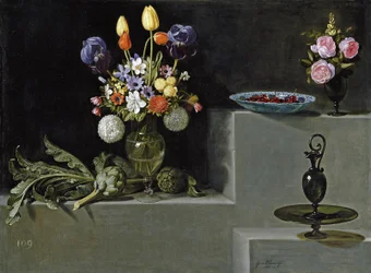 Natura Morta con Fiori, Carciofi, Ciliegie e Vetreria